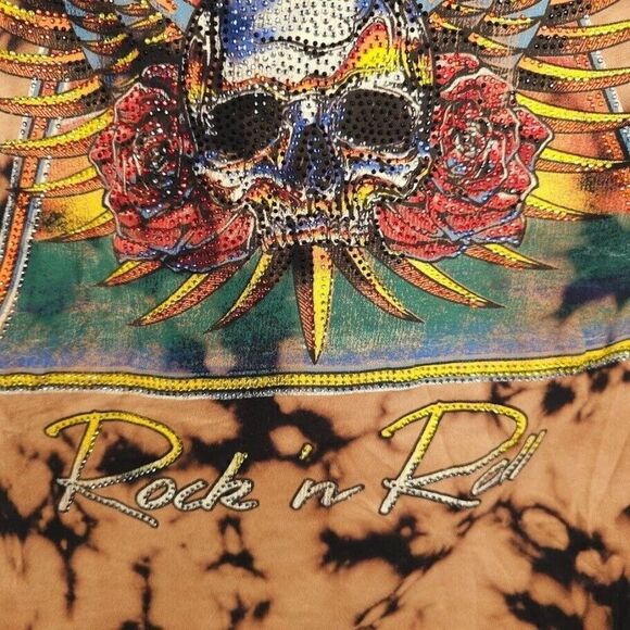 Affliction Rock N Roll T Shirt Womens Size Large Brown Skull Wings Rhinestones - Picture 4 of 8